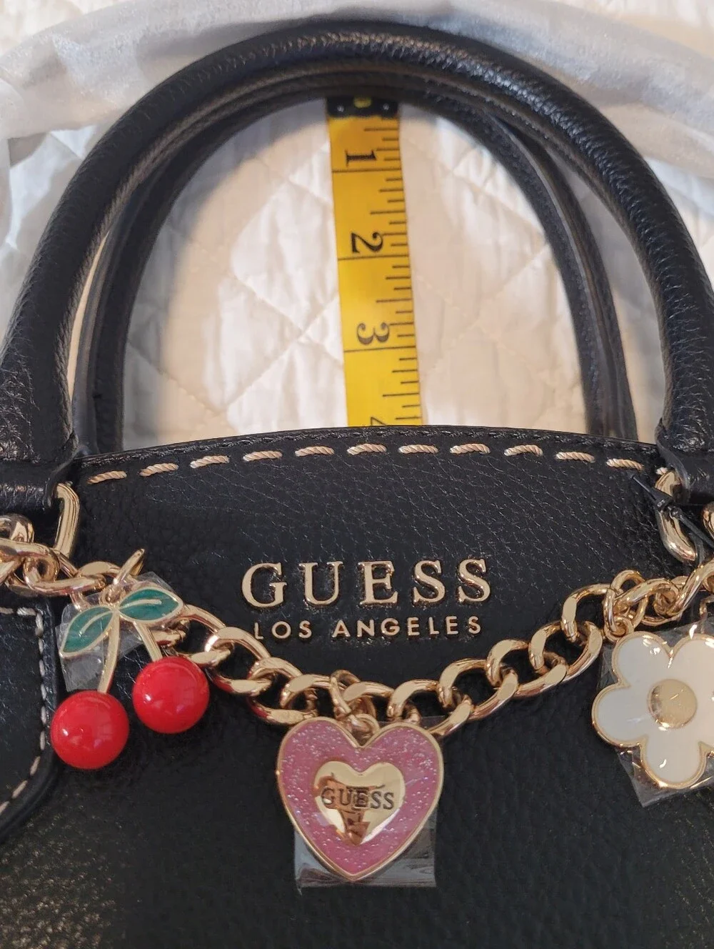 NWT GUESS Davina Charms Black Satchel Handbag with Gold Chain and Charm Accents